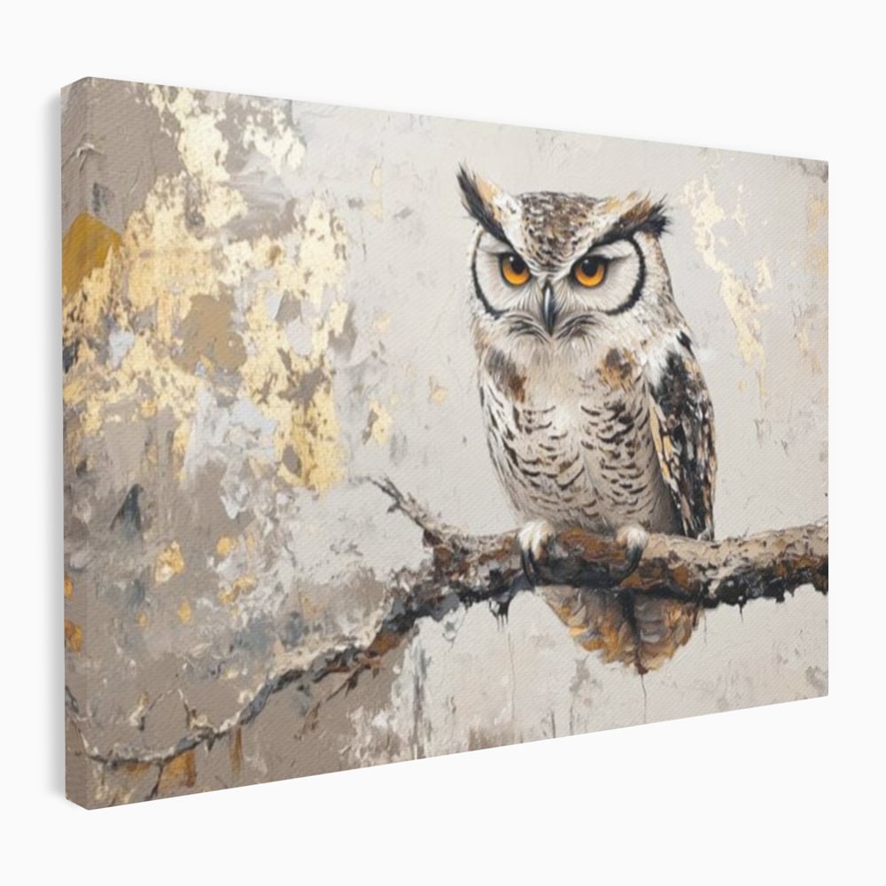 Tablou canvas cu tablou canvas cu bufnita pe ramura, fara rama, pe sasiu de lemn